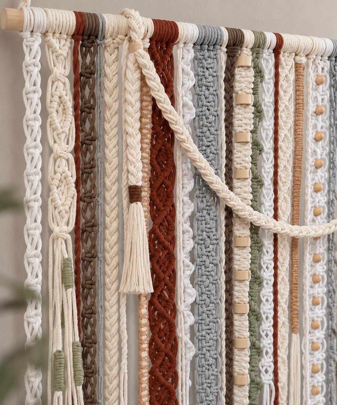 Close up of cream rust olive and gray woven cords in a textured wall hanging