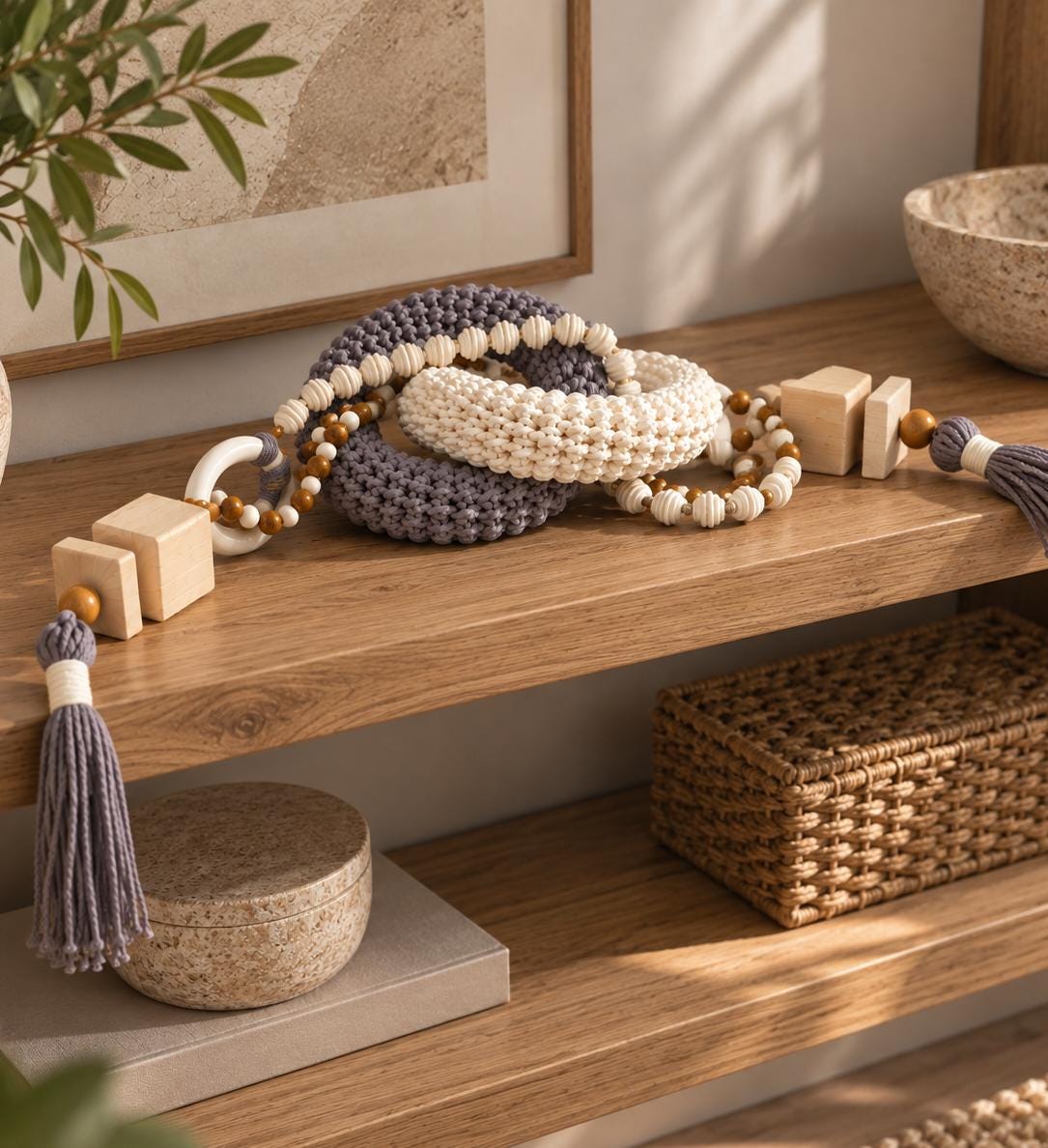 Gray and cream shelf decor with chunky textile rings wooden beads and tassels on a wooden shelf