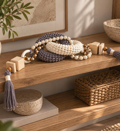 Gray and cream shelf decor with chunky textile rings wooden beads and tassels on a wooden shelf