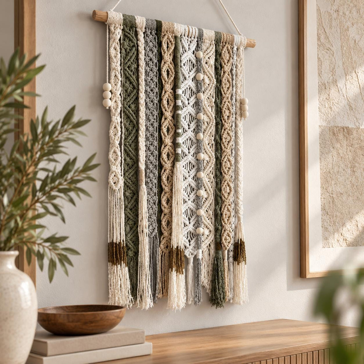 Macrame wall hanging displayed on a neutral wall in a warm modern interior