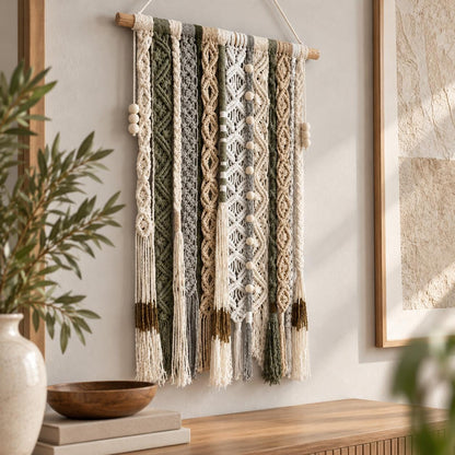 Macrame wall hanging displayed on a neutral wall in a warm modern interior