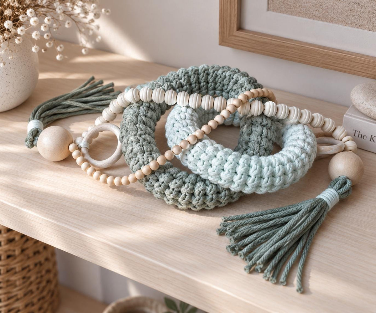 Scandinavian home decor with cotton cord rings and natural wooden beads styled on a console table