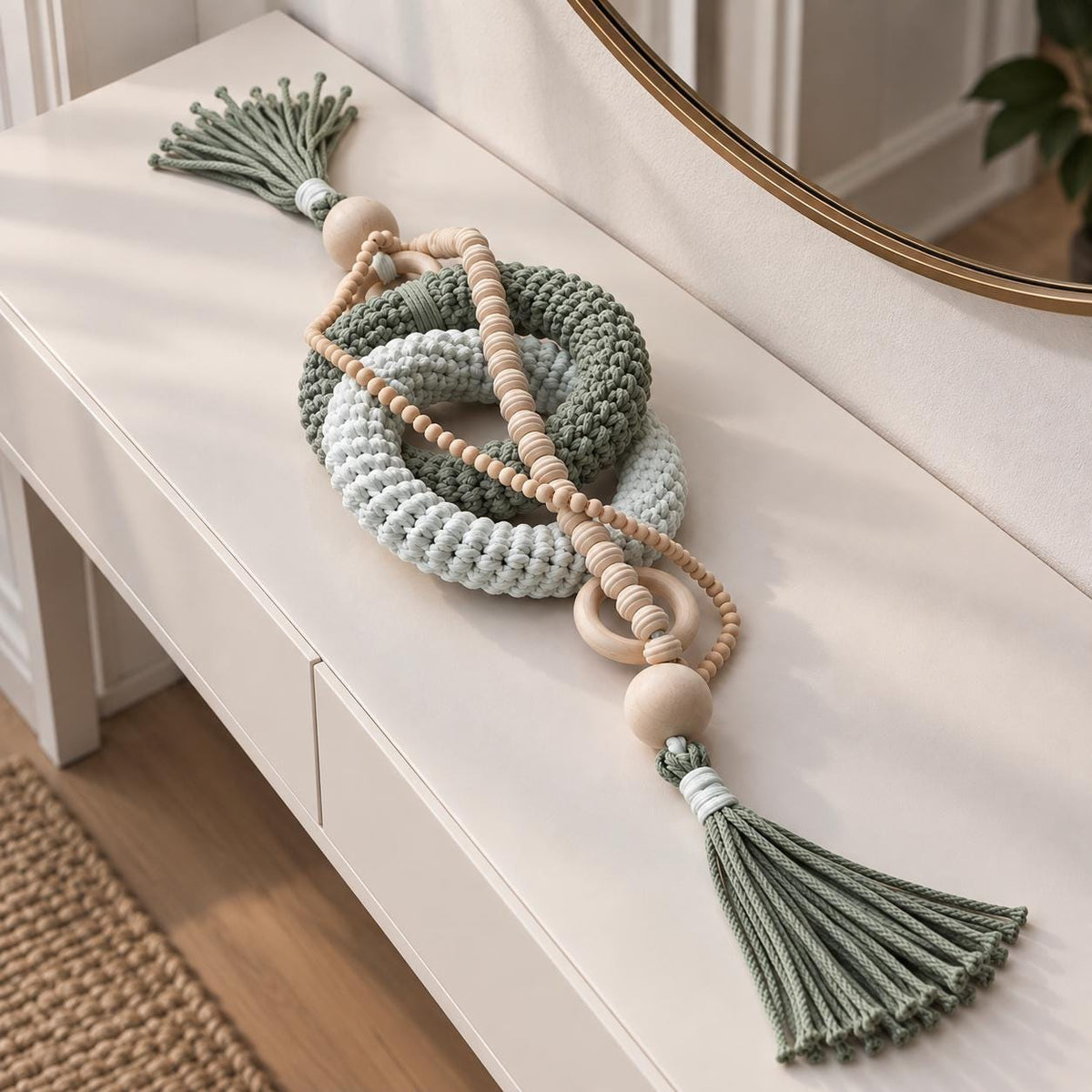 Custom color handmade table decoration with woven cotton rings, wood beads and tassels for modern neutral interiors