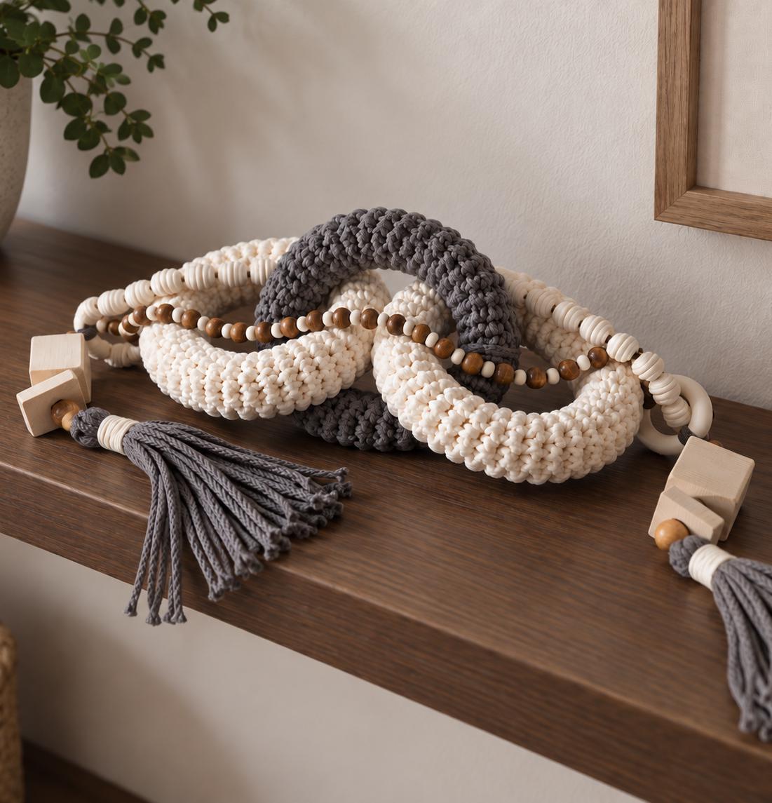 Three ring handmade cotton and wood shelf accent in neutral gray and beige for Scandinavian and Japandi interiors