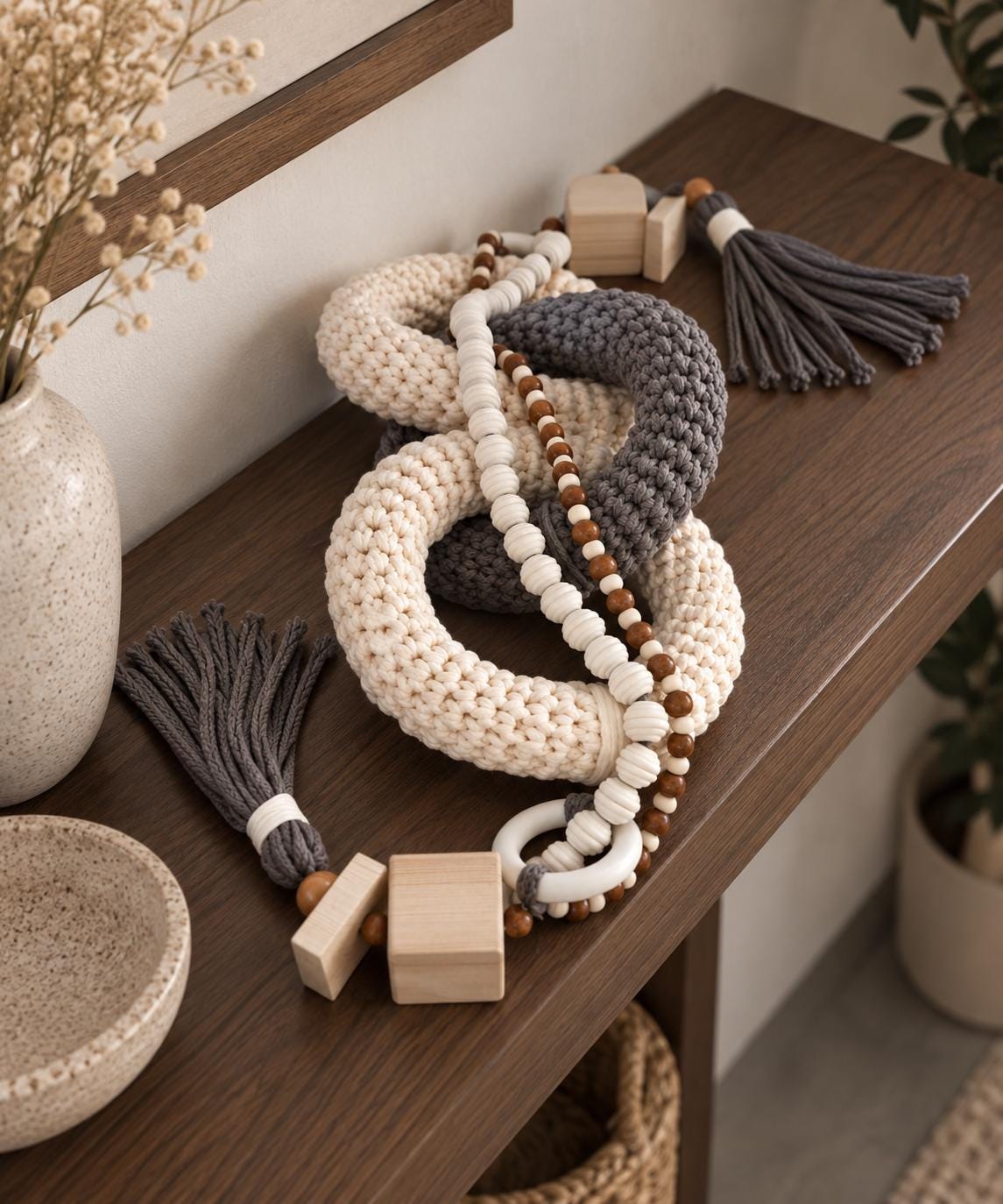 Neutral shelf decor with three interlocking cotton rings in gray and beige with natural wood bead details