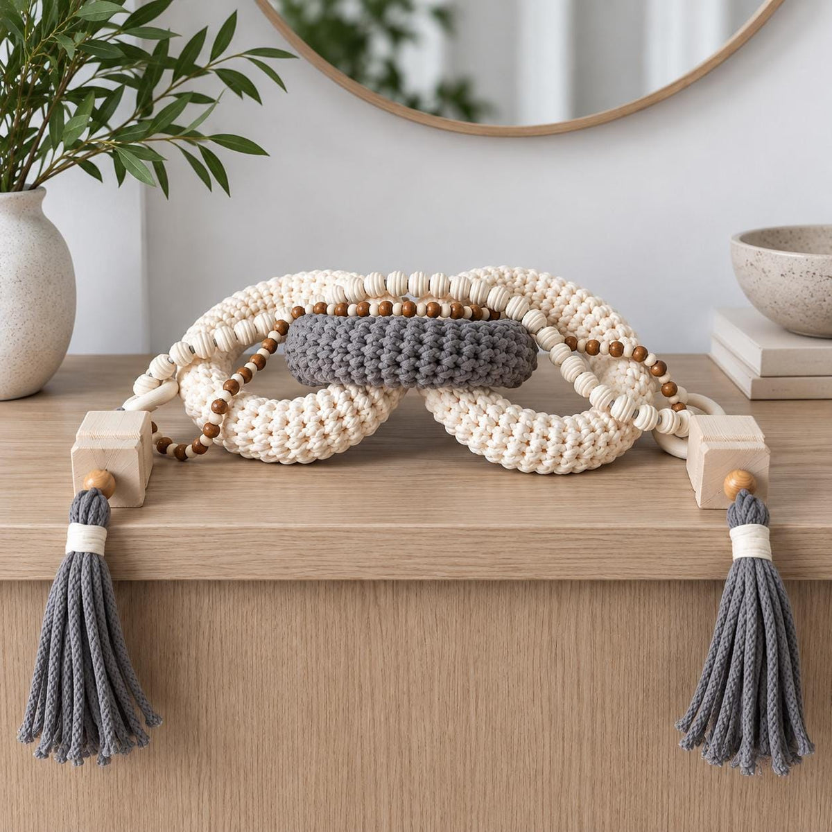 Modern neutral console table decor made with cotton cord and natural wood in soft gray and beige tones