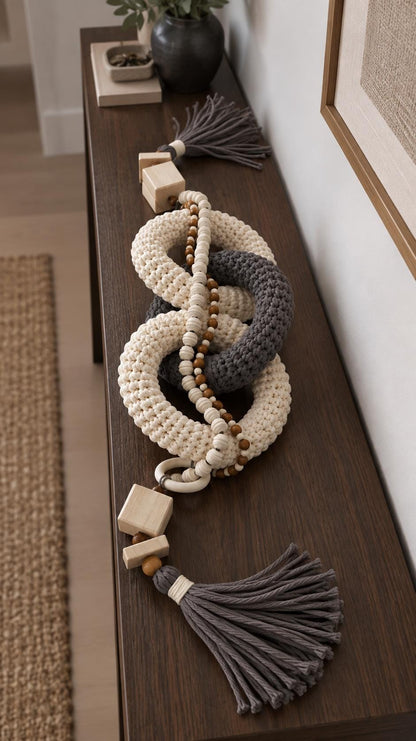 Handmade neutral home accent with interlocking woven rings and natural wood details for Scandinavian interiors