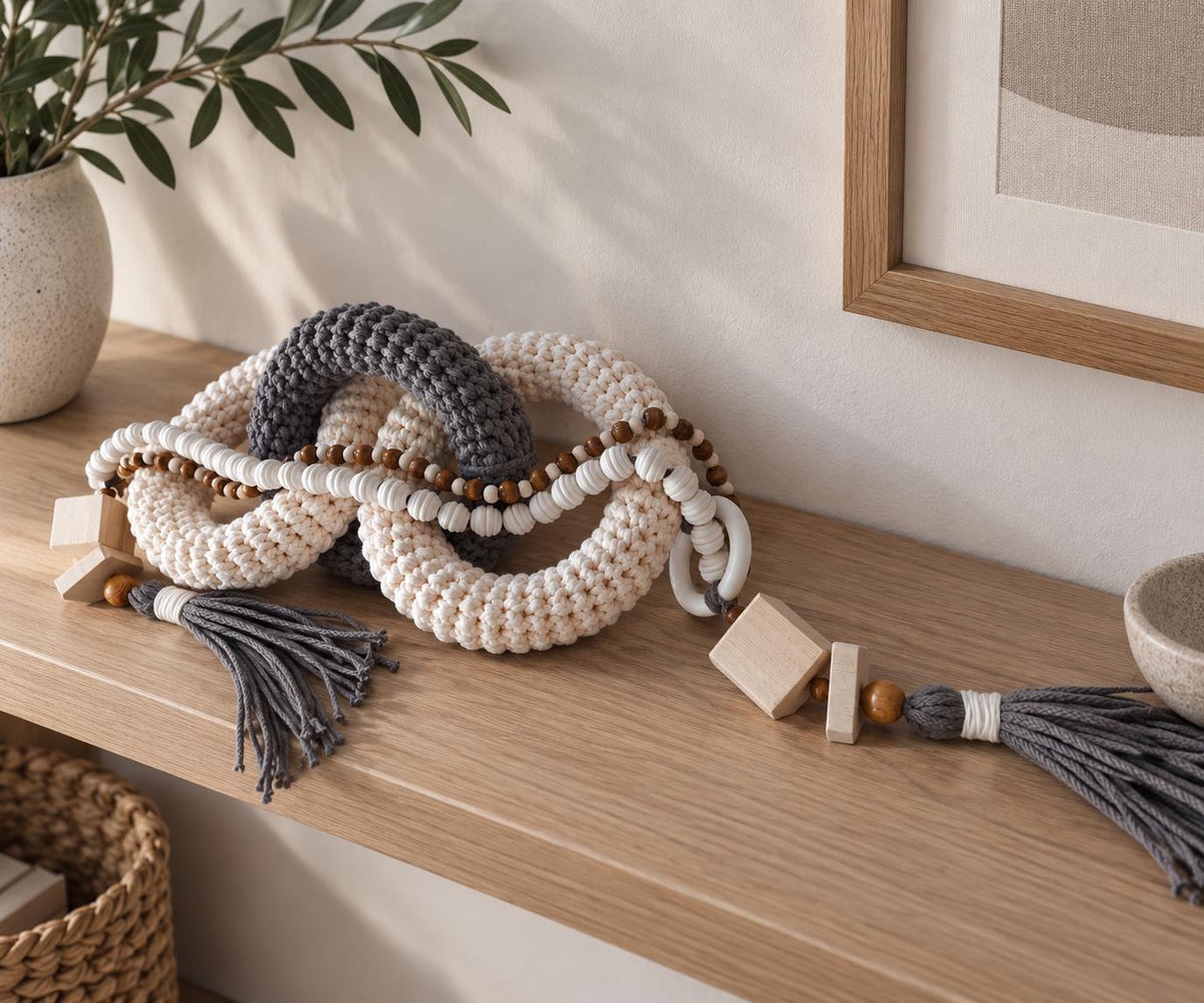 Neutral console decor with gray and beige woven cotton rings and unfinished natural wooden bead accents