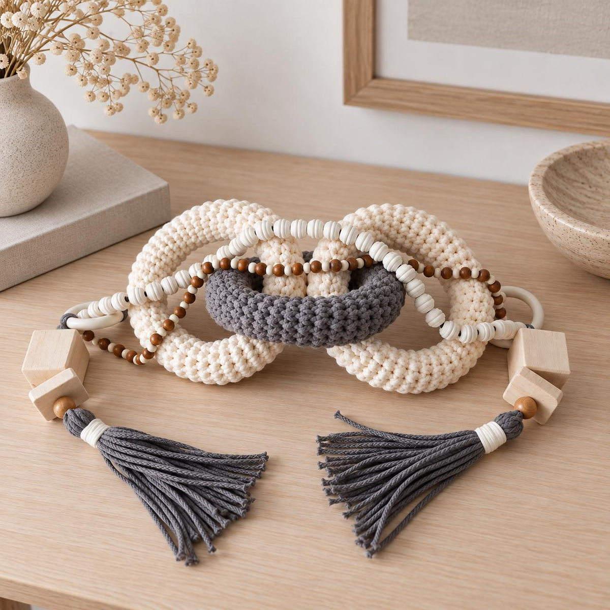 Modern neutral console table decor made with cotton cord and natural wood in soft gray and beige tones