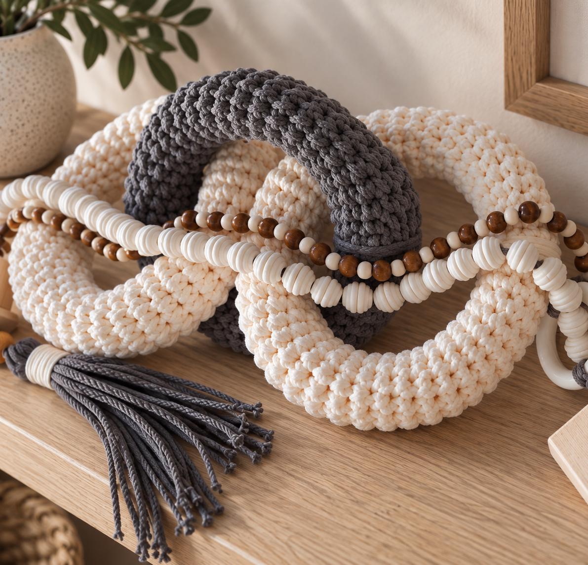 Close up of handmade gray and beige cotton decor showing woven texture, natural wooden beads and braided details