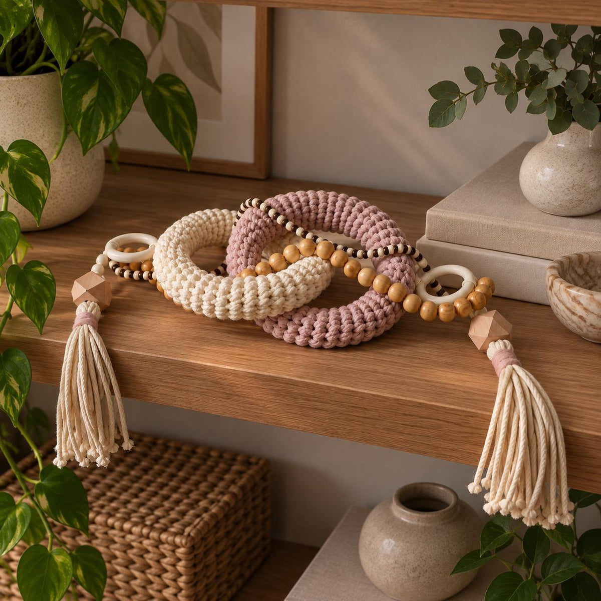 Pink and cream shelf decor with interlocking cotton rings, natural wood beads and handmade tassel details