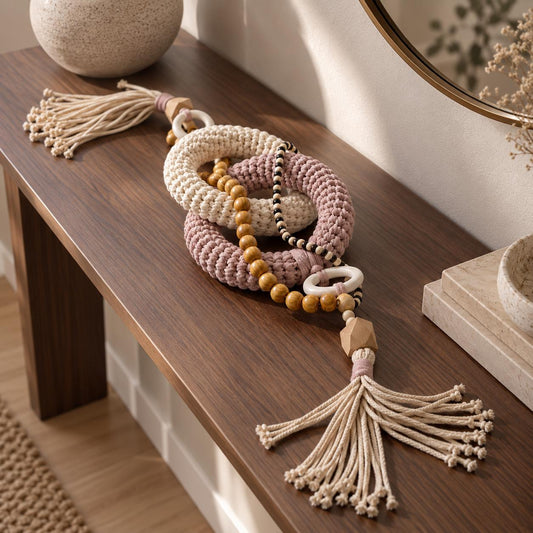 Scandinavian shelf decor featuring dusty pink woven rings, cream cotton cord and natural wooden components