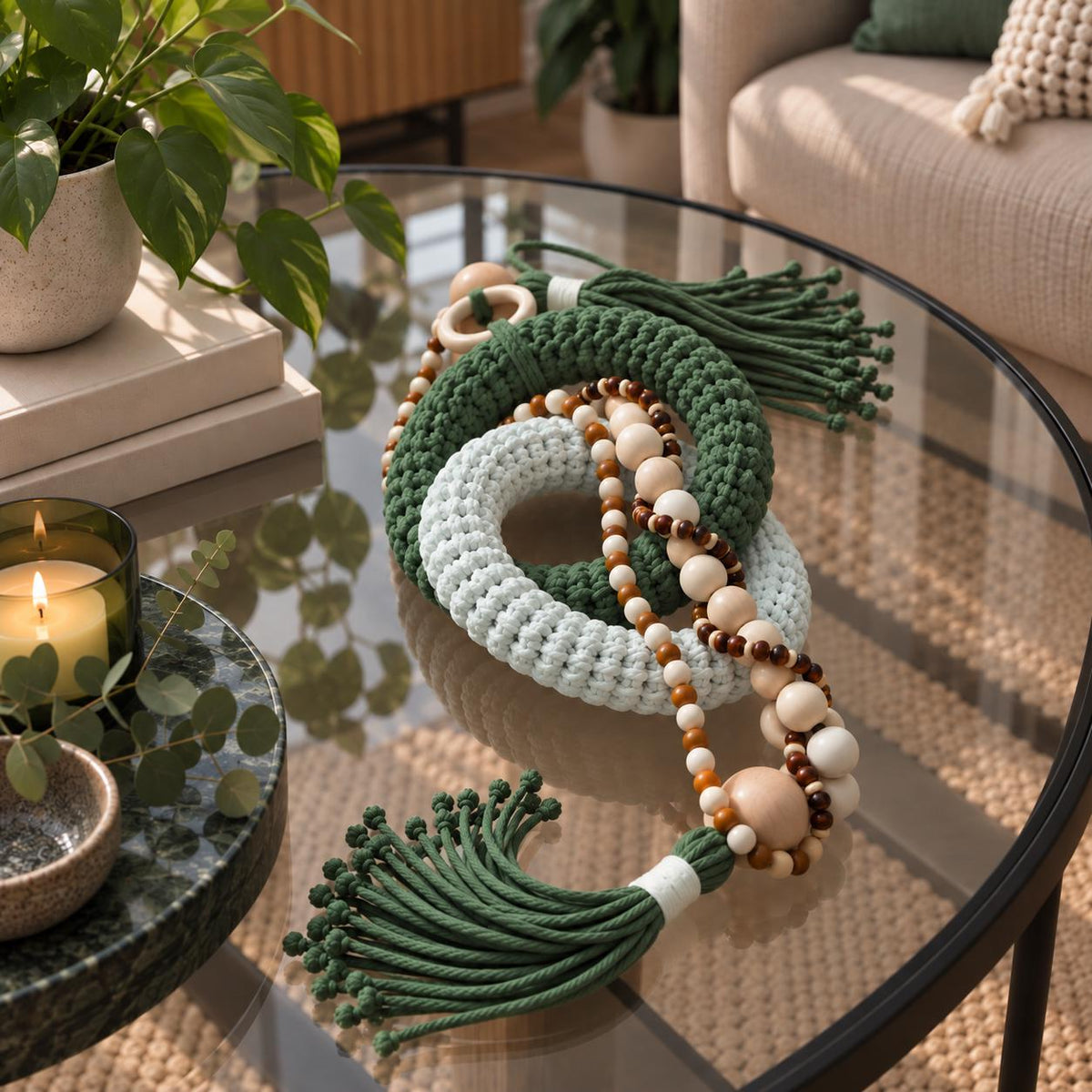 Handmade coffee table decoration with olive green and cream interlocking rings, wooden beads and cotton tassels