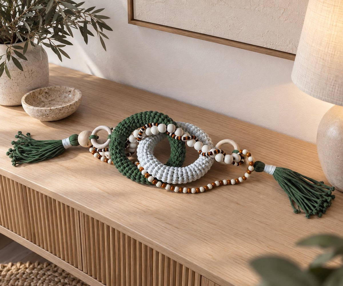 Olive green home decor accent with textured cotton rings and warm natural wood details