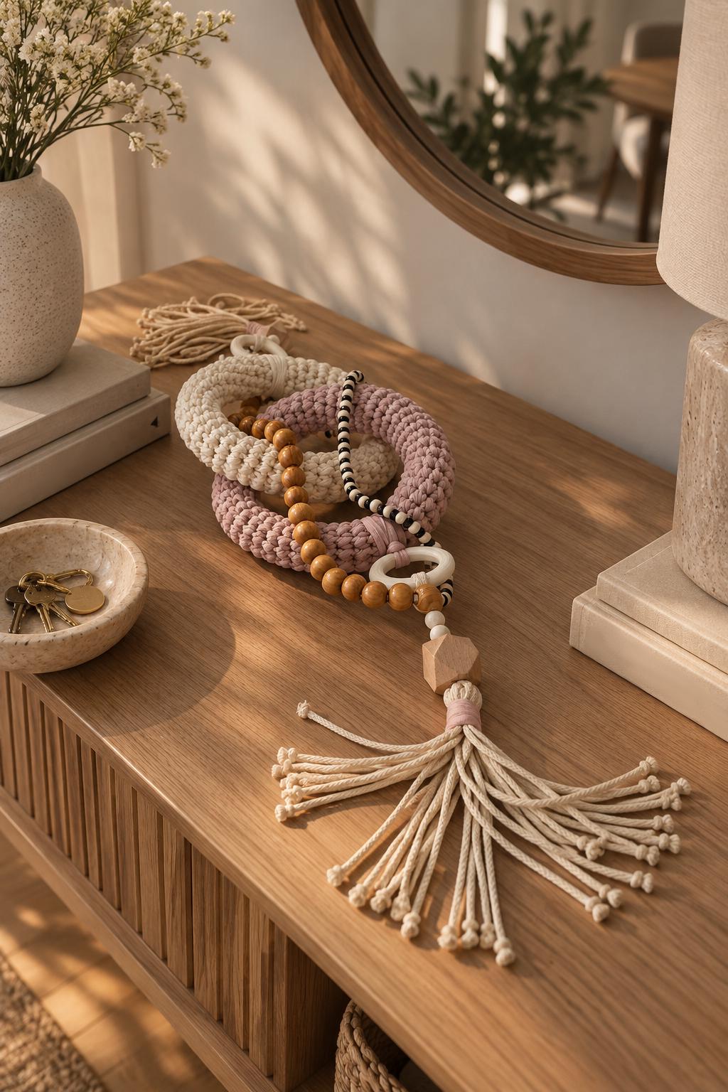 Dusty Pink Shelf Accent, Coffee Table Decor, Handmade Cotton Wood Decor, Scandinavian Boho Home Decoration