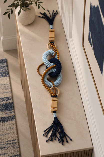 Handmade Scandinavian shelf decor in navy blue and soft blue cotton cord