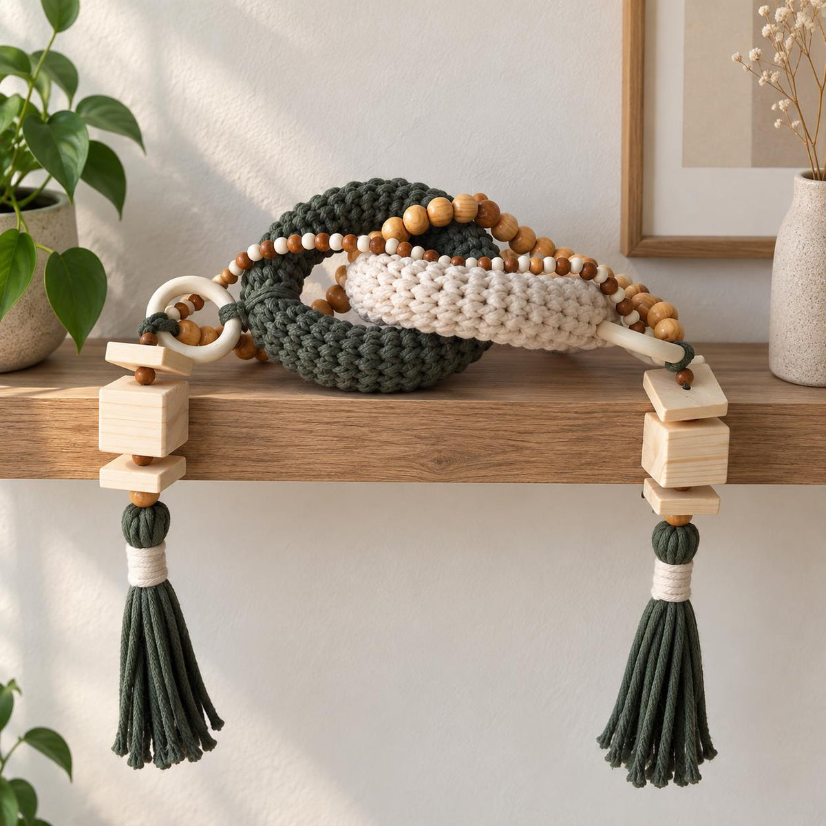 Handmade Shelf Decor Object, Olive Green Coffee Table Decor, Boho Wooden Bead Accent