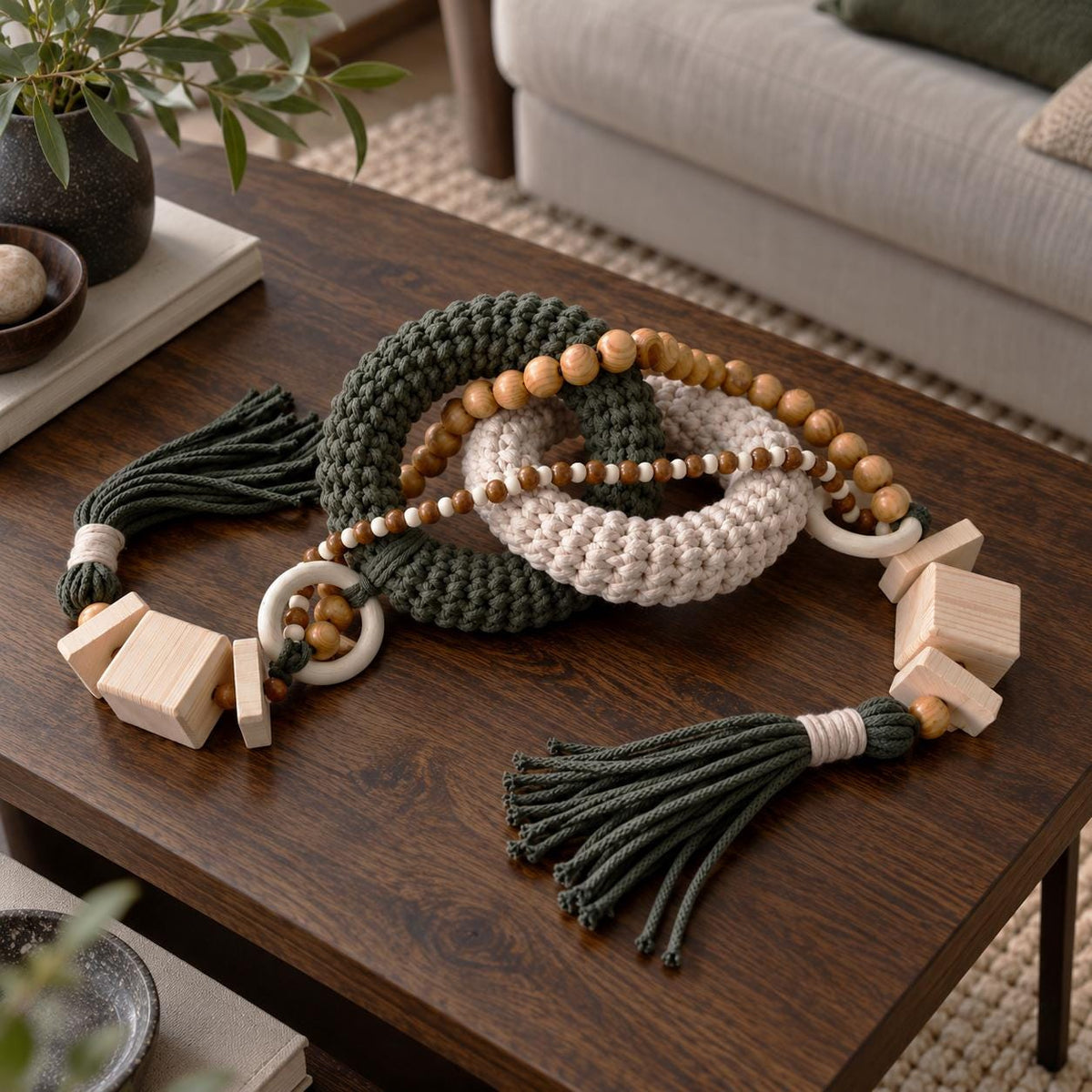 Earthy handmade decorative object for shelf, coffee table or console in olive green and beige