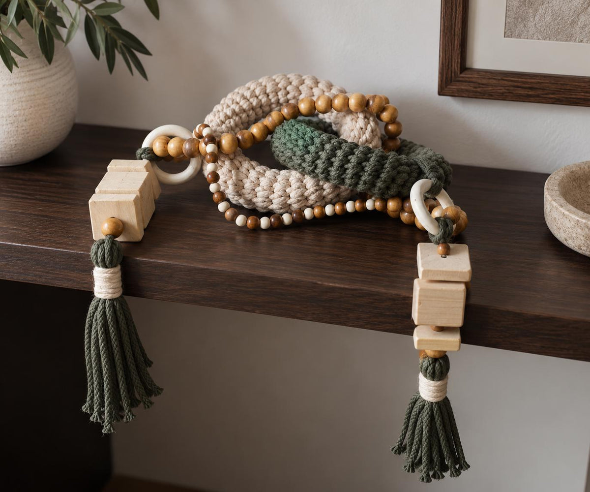 Handmade shelf decor object with chunky olive and beige woven links and natural wooden accents