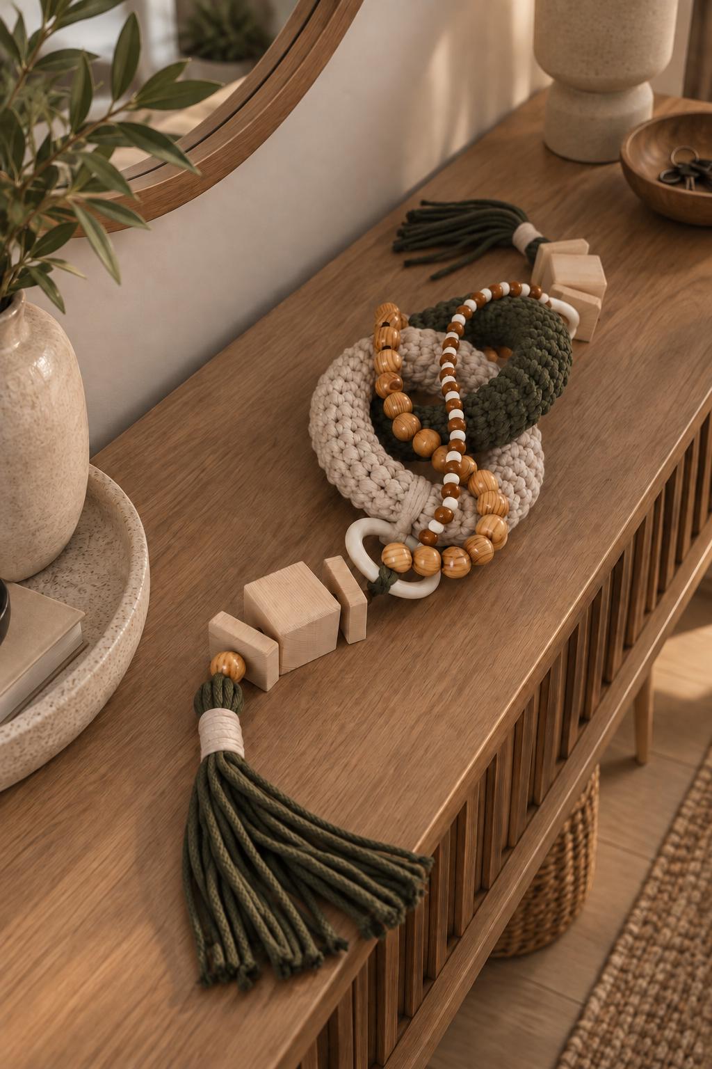 Olive green and beige decorative object styled on a modern console table