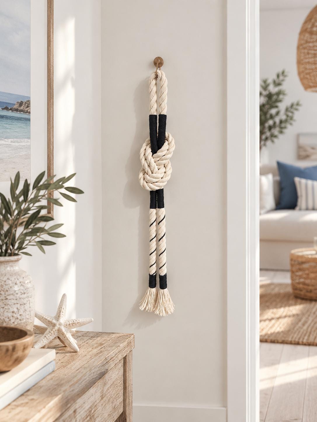 Handmade cotton rope wall hanging with decorative knot and twisted rope details