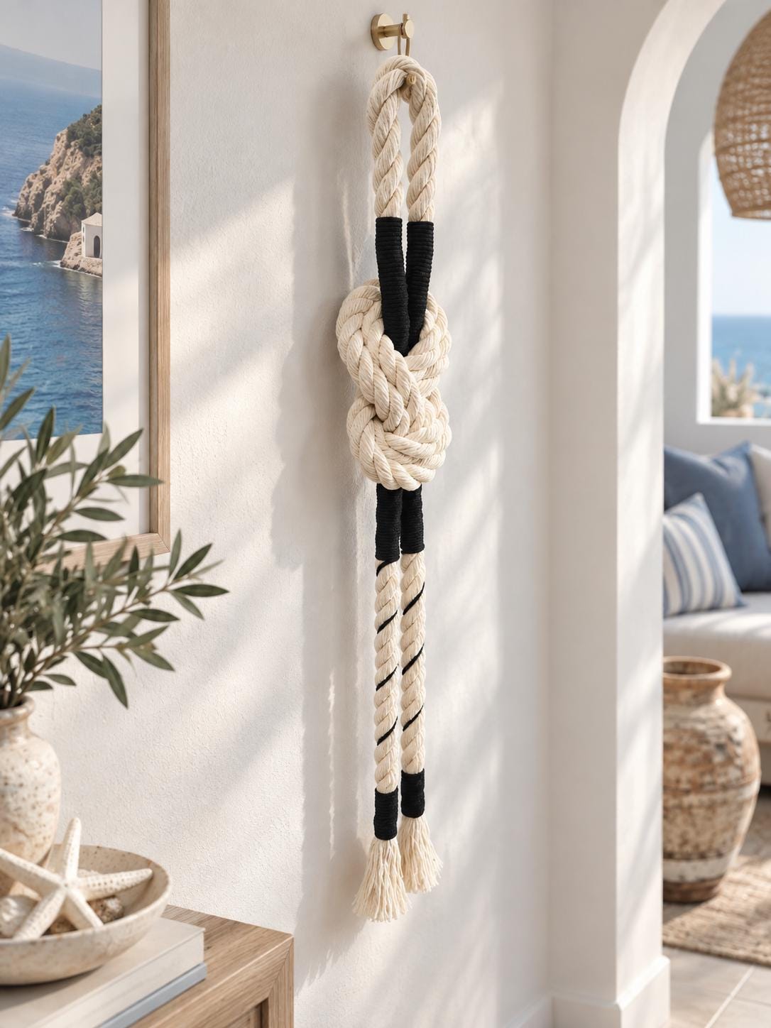 Decorative rope knot wall hanging styled in a modern coastal living space