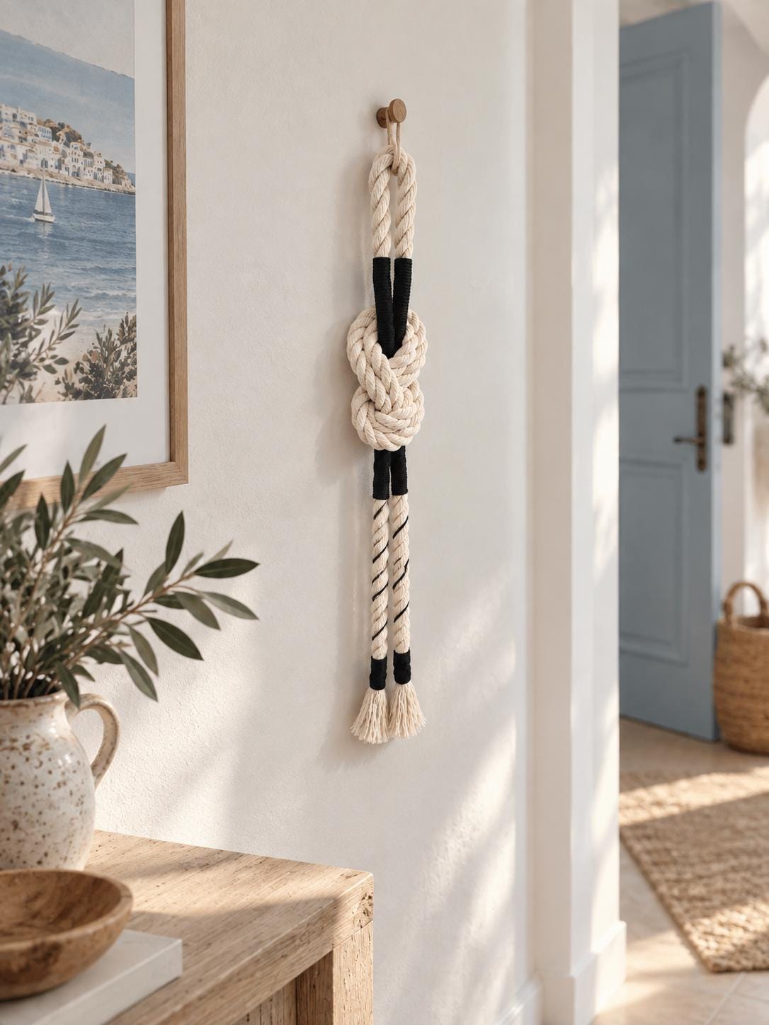 Coastal wall accent made from thick cotton rope displayed in a neutral home interior