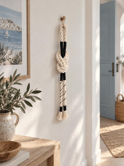 Coastal wall accent made from thick cotton rope displayed in a neutral home interior