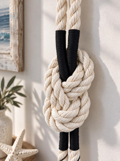 Close up of handmade rope knot showing thick natural cotton cord and woven details