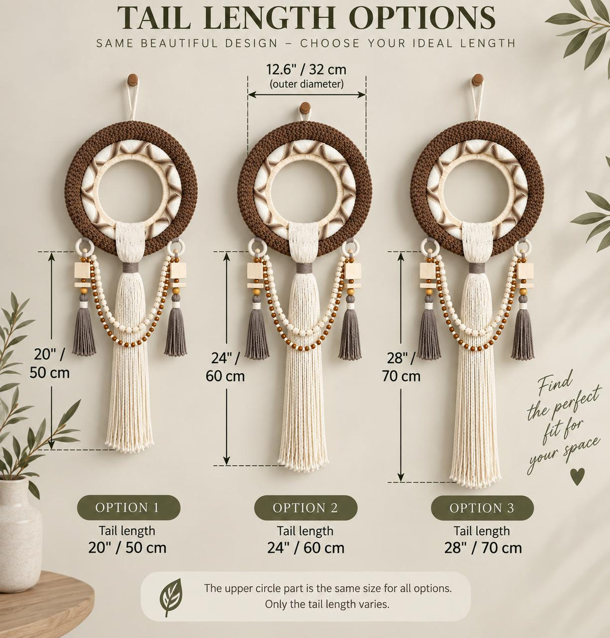 Three macrame wall hanging size options with different tassel lengths and overall dimensions in inches and centimeters