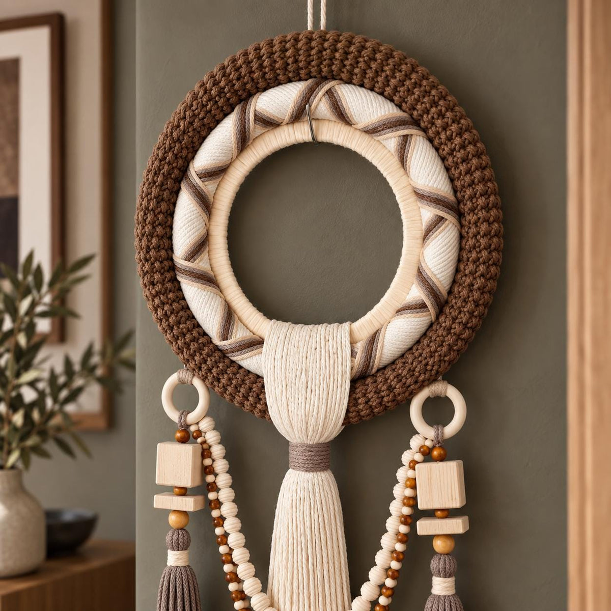 Close-up of textured brown and cream macrame wall hanging with layered woven ring design