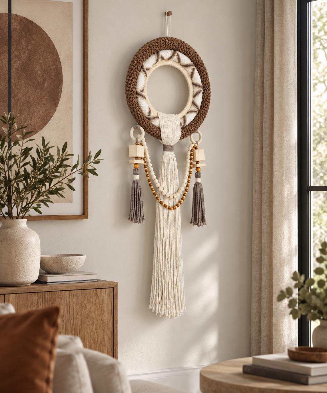 Textured round fiber wall art in neutral brown, cream and taupe tones for boho home decor