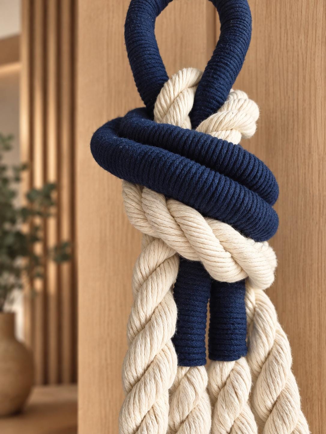 Close up of handmade navy and cream rope knot wall decoration