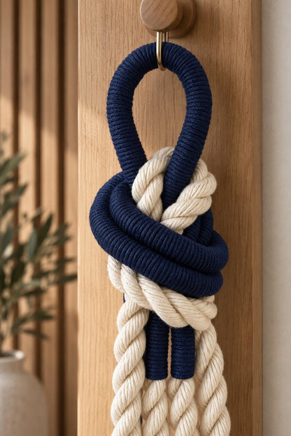culptural macrame wall hanging with navy wrapped details and cream rope