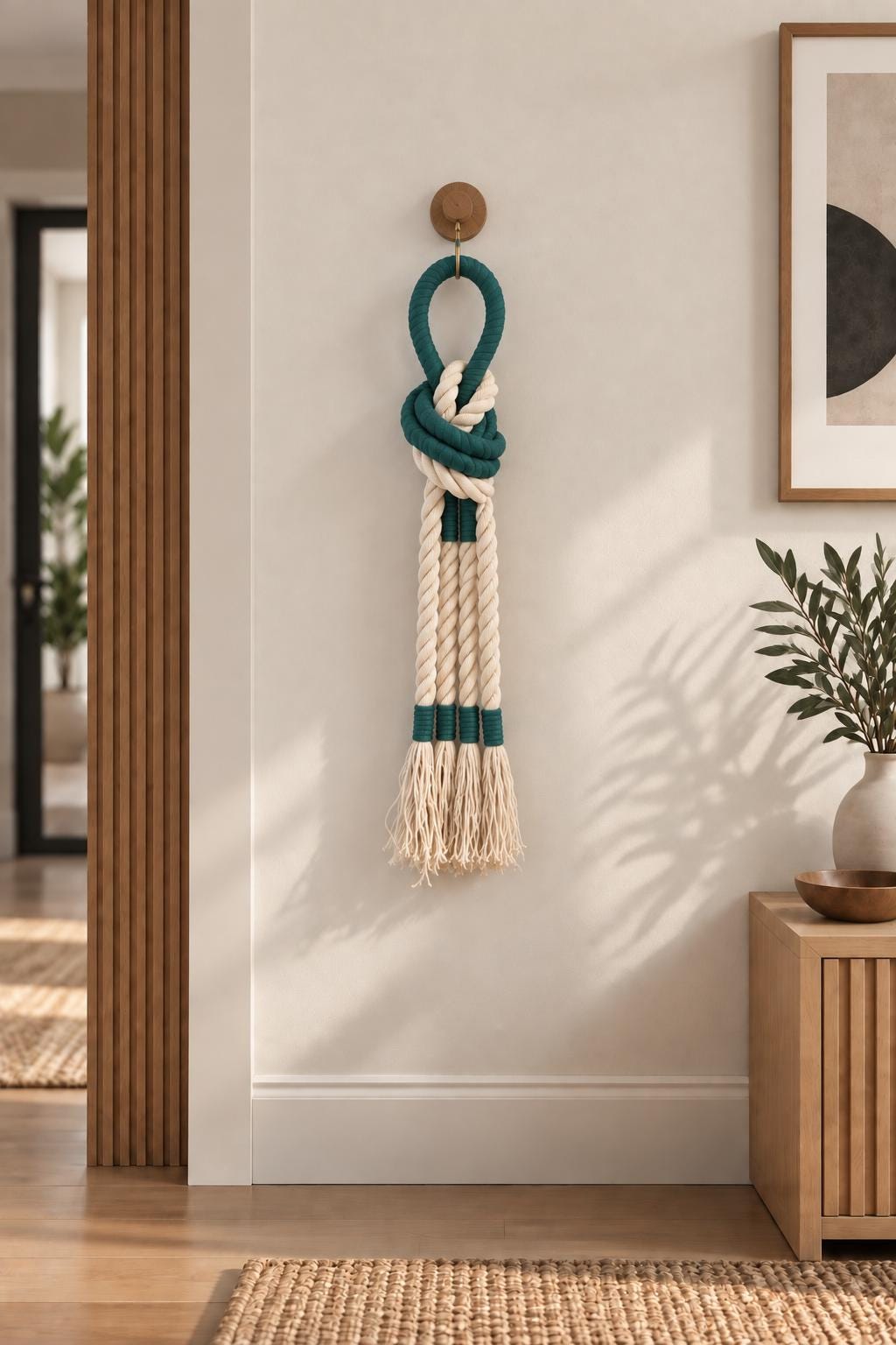 Handmade wall hanging styled as Scandinavian bedroom wall decor