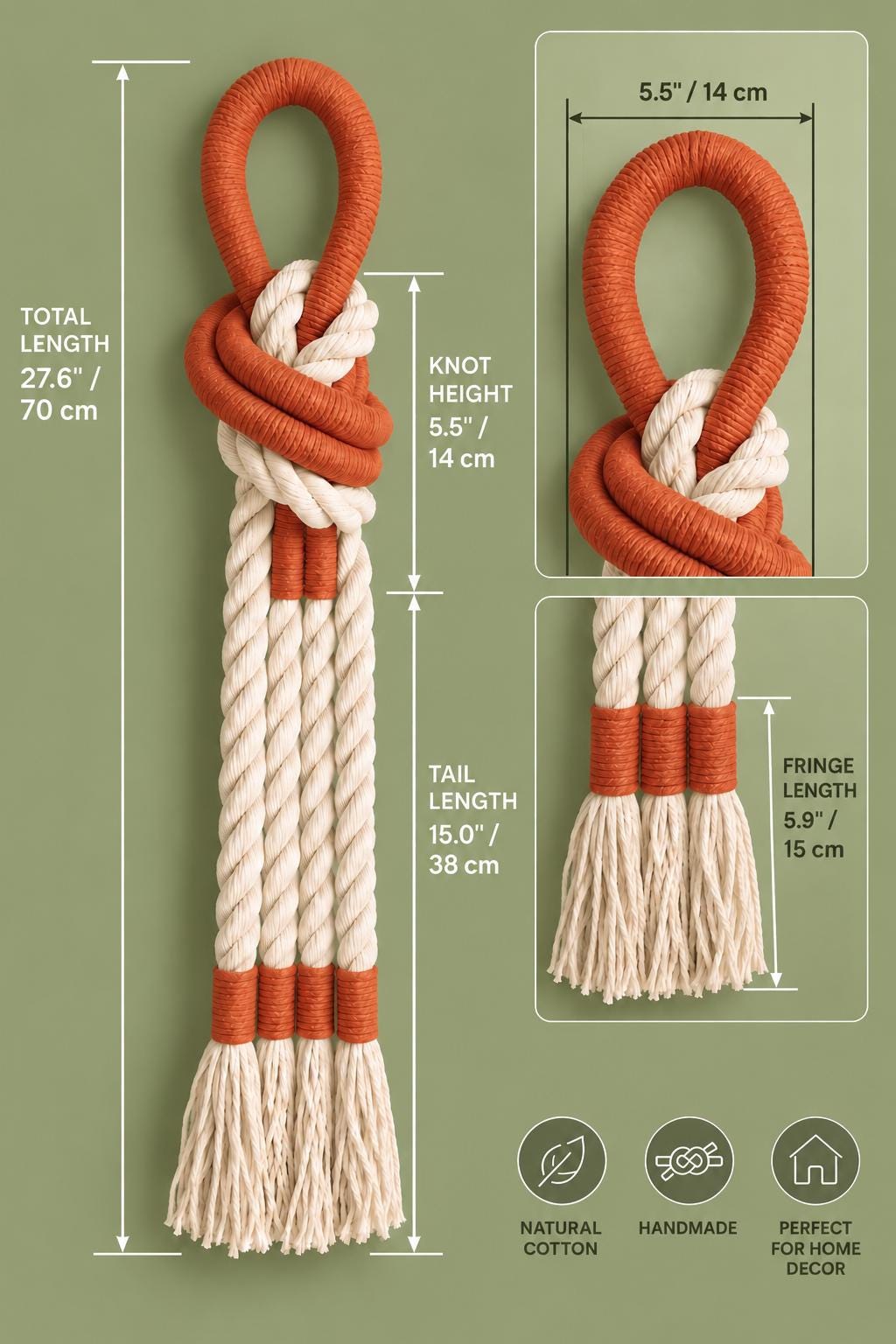 Rope wall hanging size chart with overall height options for handmade wall decor