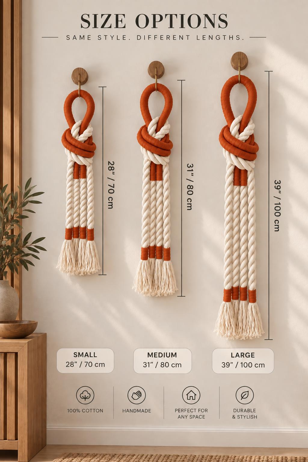 Macrame wall art dimensions guide showing different overall height choices