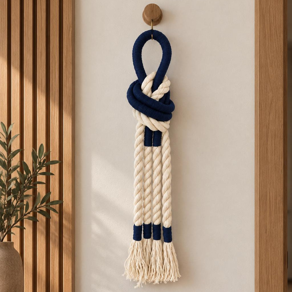 Navy and cream macrame wall hanging made from thick twisted cotton rope