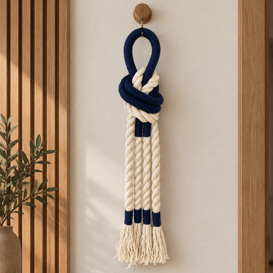 Navy and cream macrame wall hanging made from thick twisted cotton rope