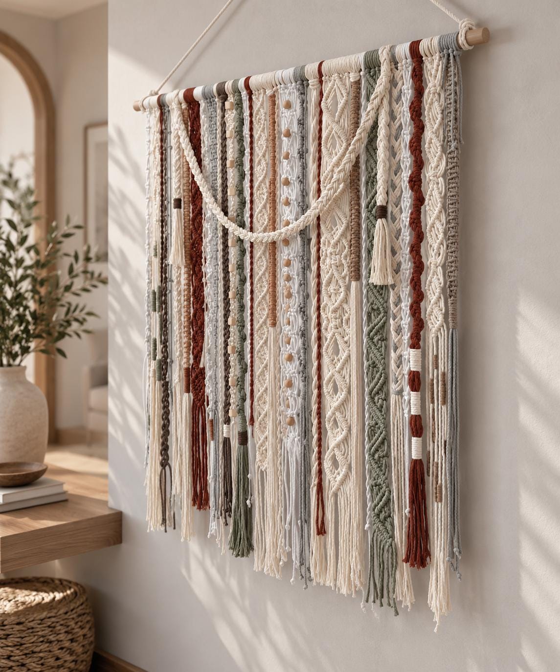 Handmade woven wall hanging styled above a wooden console in a modern interior