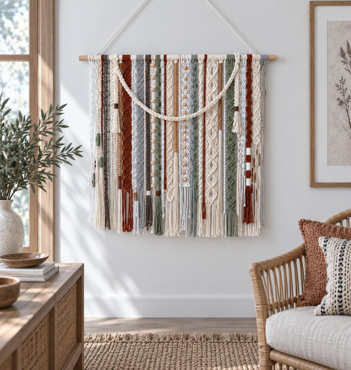 Handmade macrame tapestry displayed above a wooden console with neutral decor