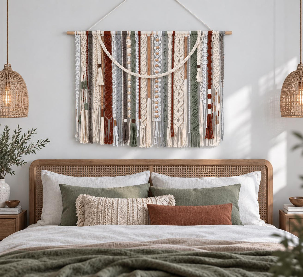 Large textile wall hanging displayed above a bed in a neutral modern bedroom