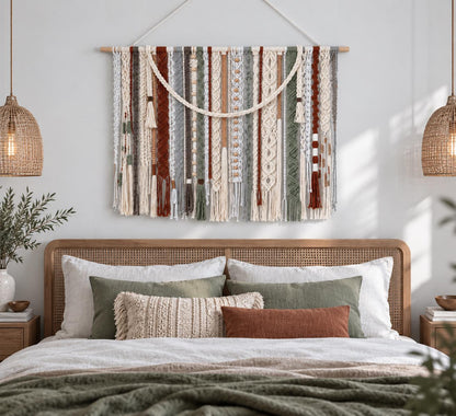 Large textile wall hanging displayed above a bed in a neutral modern bedroom