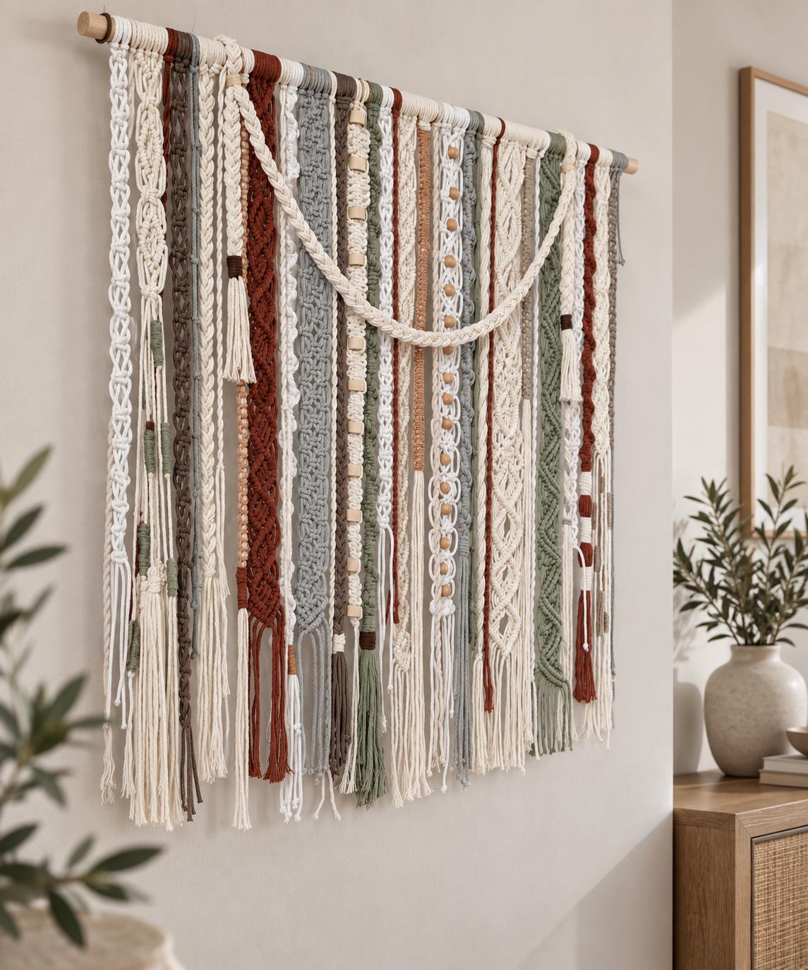 Handmade macrame tapestry displayed above a wooden console with neutral decor
