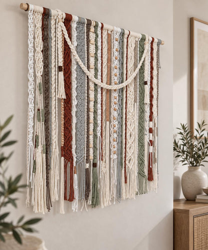 Handmade macrame tapestry displayed above a wooden console with neutral decor