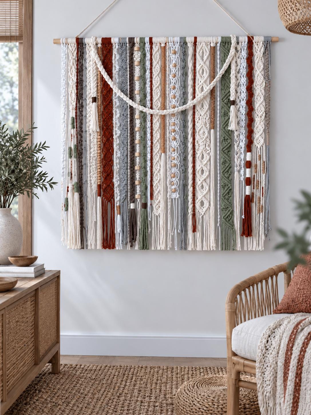 Handmade woven macrame wall art styled in a bright living room with natural wood furniture