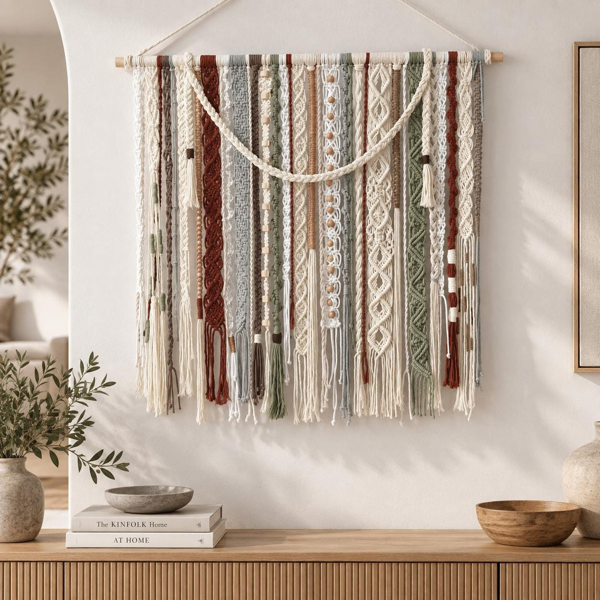 Large macrame wall hanging displayed in a bright neutral living room interior