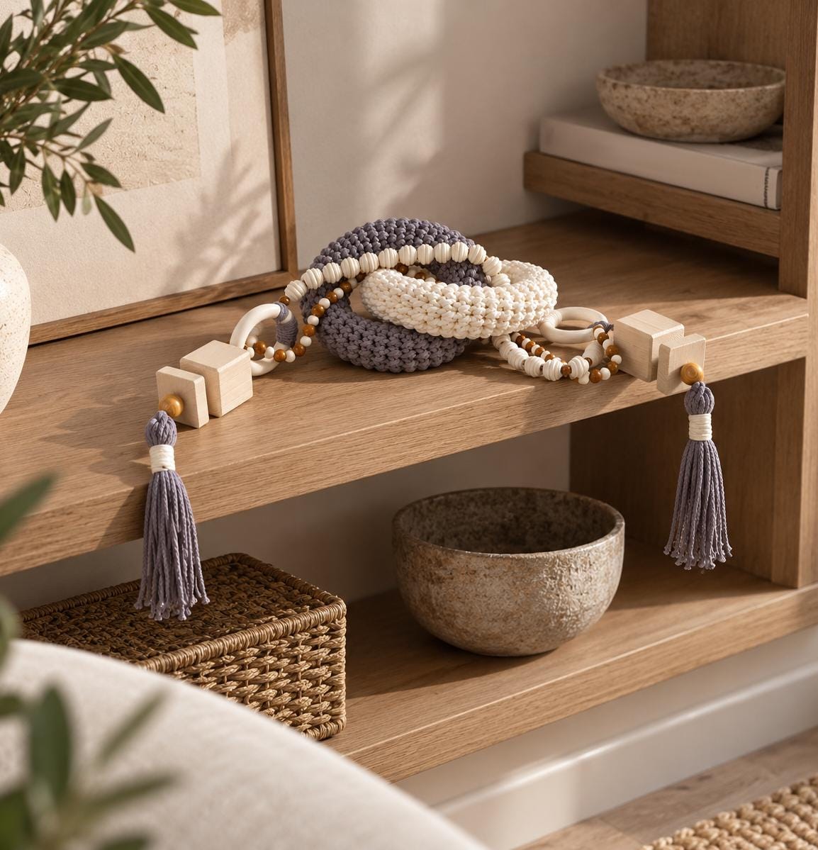 Handmade shelf decor object displayed on a light wood shelf in a neutral modern interior