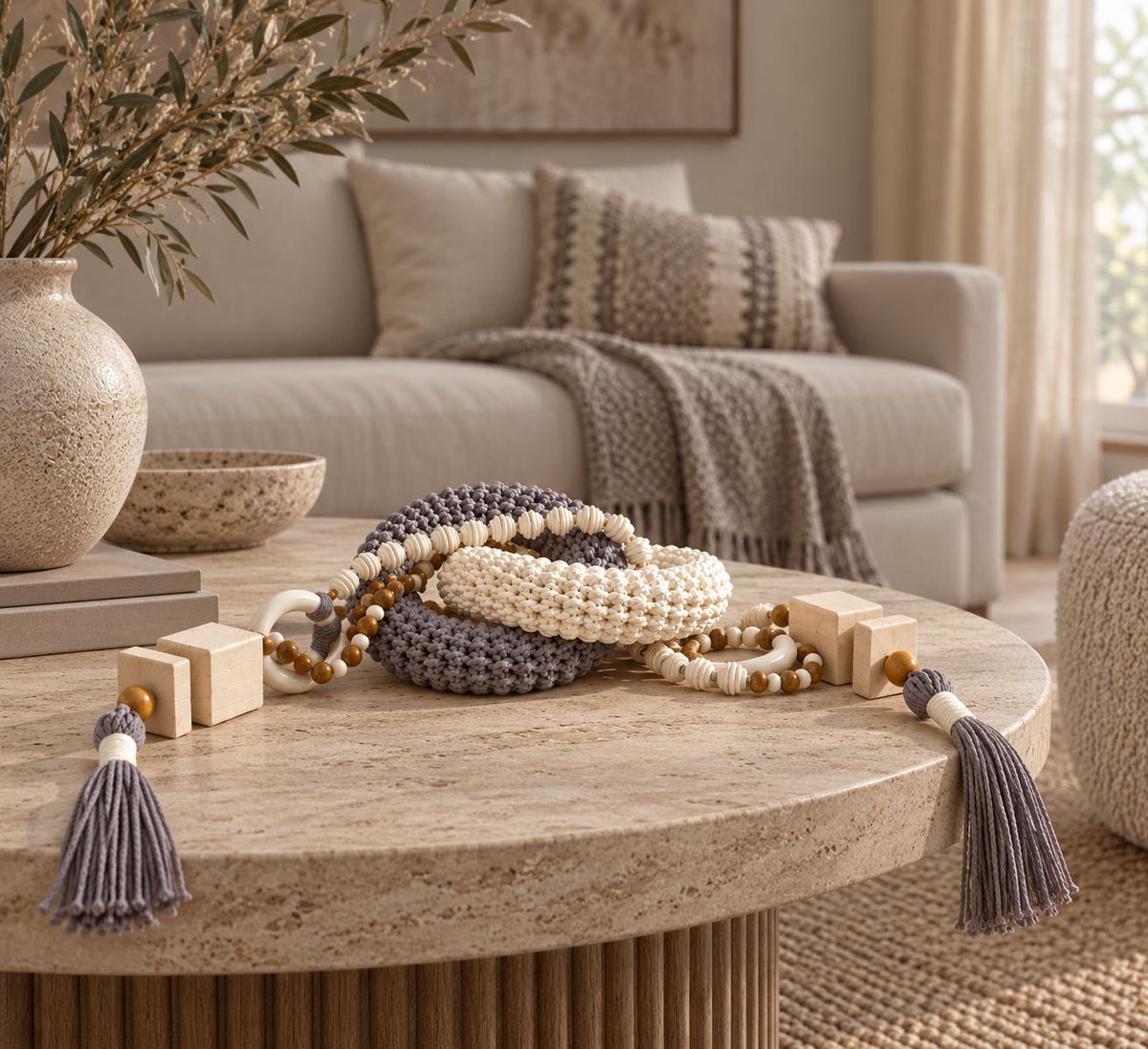 Gray and cream coffee table decor with wooden beads and handmade tassels in a neutral interior