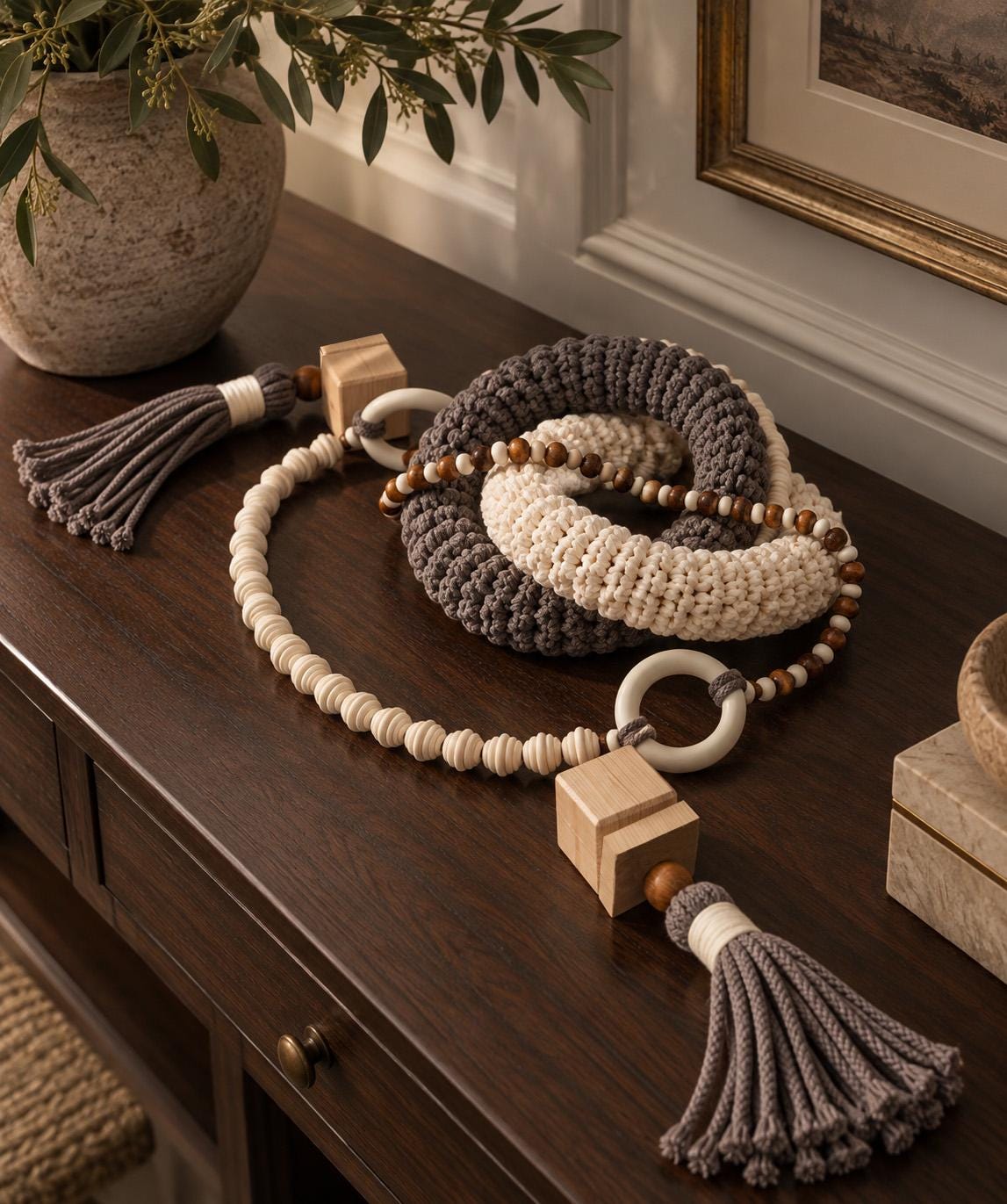 Gray and cream console table decor with wooden beads and tassels styled on dark wood furniture